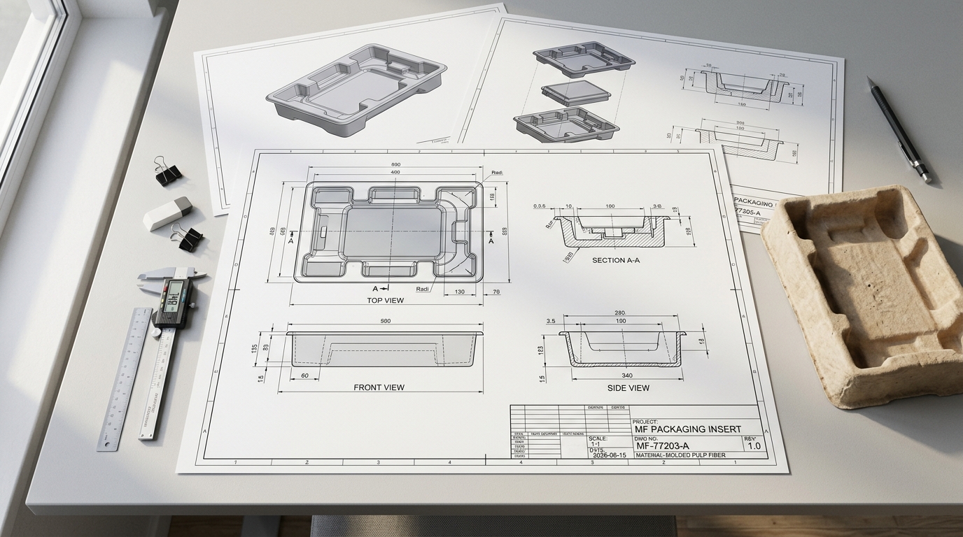 Disegni tecnici e progettazione di packaging in polpa modellata